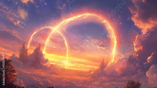 Glowing Double Rainbow Arcing Through Scenic Clouds