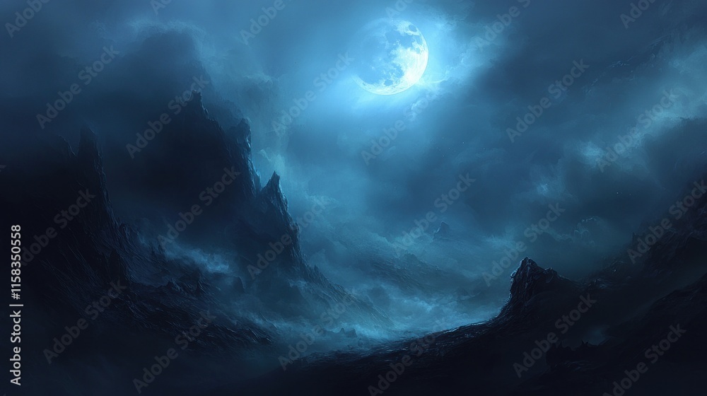 Fototapeta premium A dark, atmospheric landscape illuminated by a large moon amidst swirling clouds.