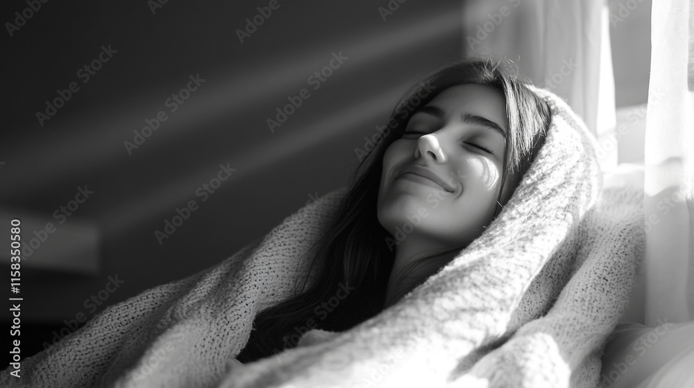 Woman relaxing under sunlight with a cozy blanket in a serene indoor space. Woman relaxing under sunlight with a cozy blanket in a serene indoor space.