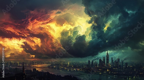 Dramatic Storm Clouds Over Distant Cityscape