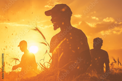 A group of farmers joyfully threshing freshly harvested crops in a golden field as part of Makar Sankranti celebrations, marking the success of the harvest season.