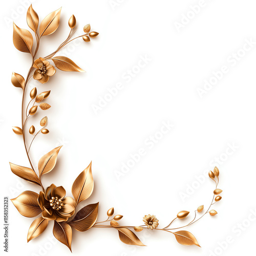 Elegant floral design with golden leaves and blooms on a white isolated background.