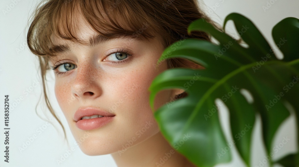 Fototapeta premium Woman Portrait with a green leaf