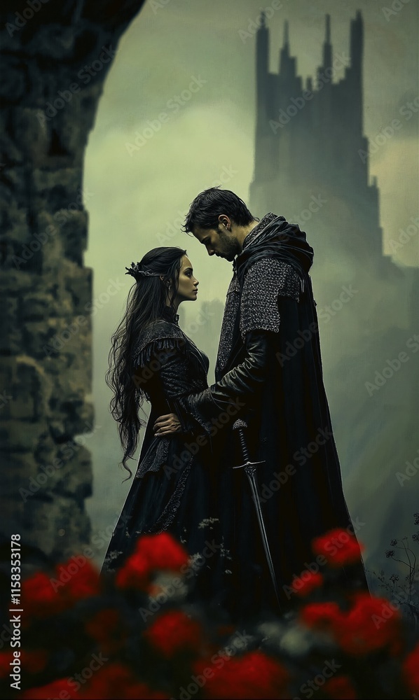 Naklejka premium Romantic encounter between a warrior and a mystic woman in a dark, enchanted landscape