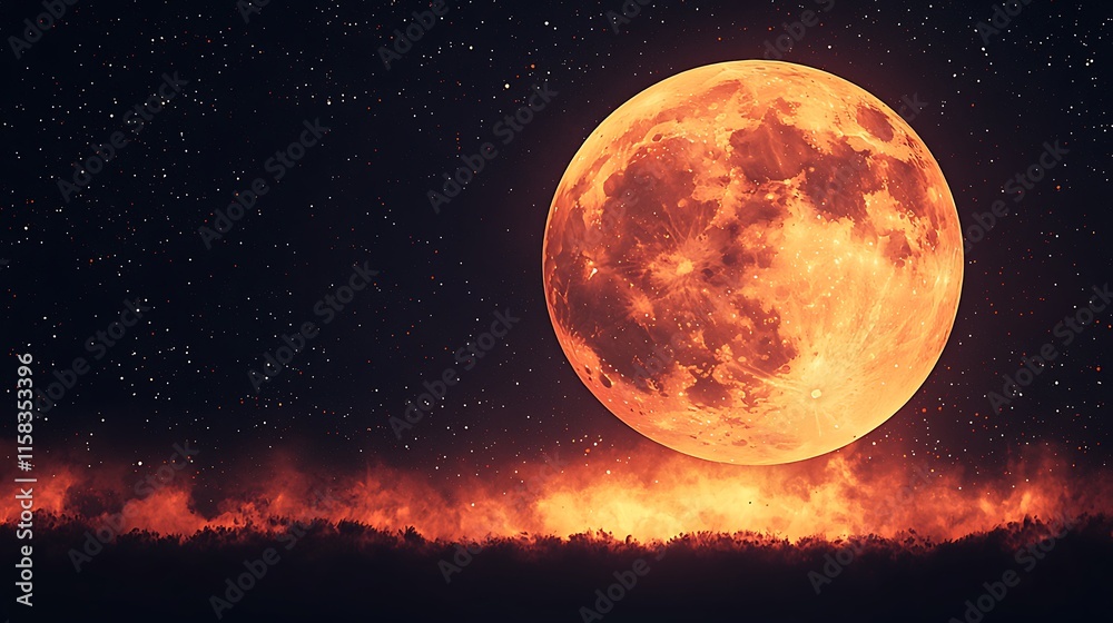 Fiery Orange Moon Over a Smoky Landscape At Night Fiery Orange Moon Over a Smoky Landscape At Night