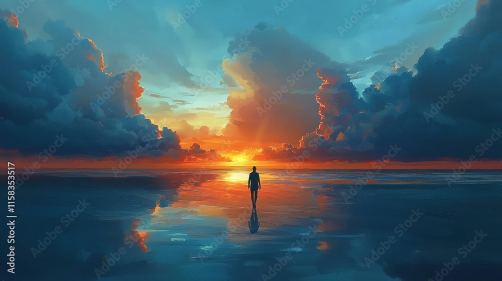 Obraz premium A solitary figure walks towards a vibrant sunset over a reflective ocean.