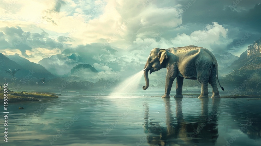 Fototapeta premium An elephant spraying water in a serene landscape with mountains and clouds.
