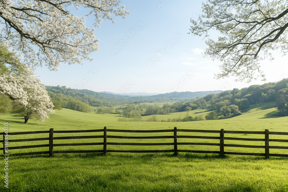 A peaceful countryside scene with rolling hills, fresh green grass, and blossoming trees, signaling the arrival of spring and the renewal of nature. A peaceful countryside scene with rolling hills, fresh green grass, and blossoming trees, signaling the arrival of spring and the renewal of nature.
