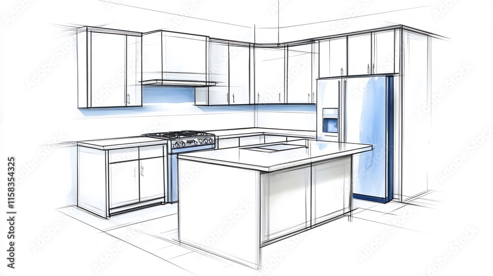 Clean-lined Kitchen Design Sketch: Modern Island and Appliance Layout. AI Generated Clean-lined Kitchen Design Sketch: Modern Island and Appliance Layout. AI Generated