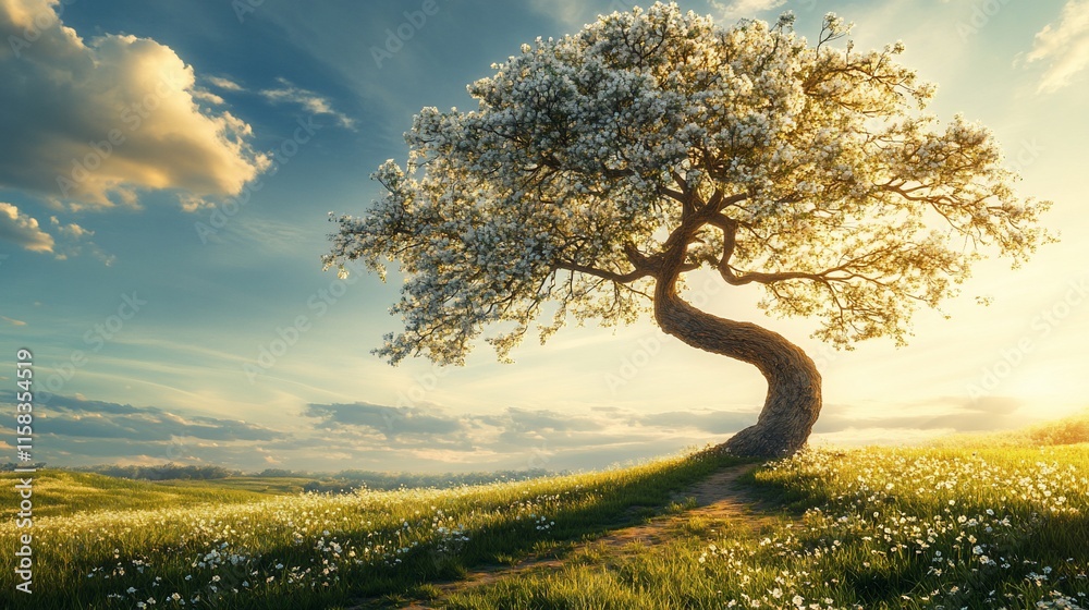 Solitary flowering tree on hillside at sunset. Solitary flowering tree on hillside at sunset.