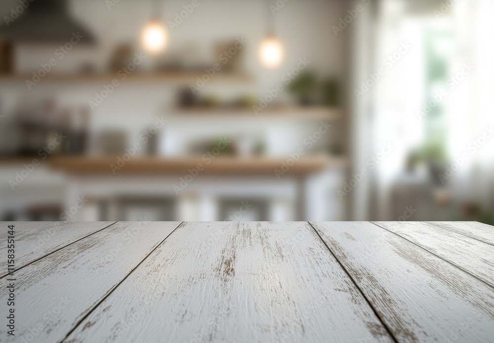 White rustic wooden table in blurred kitchen background. White rustic wooden table in blurred kitchen background.
