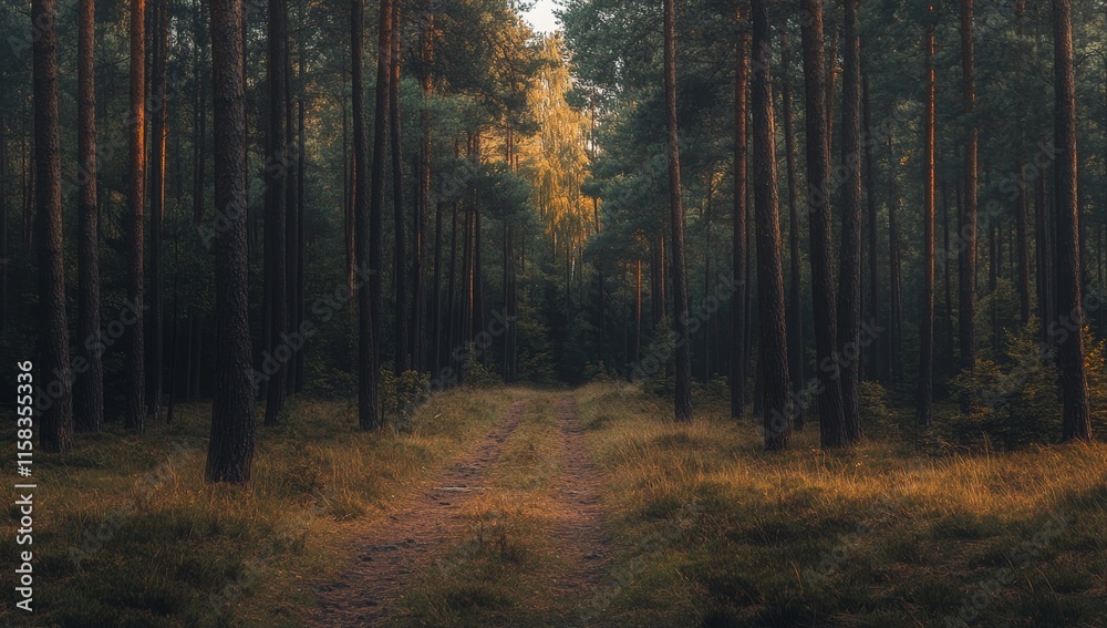 Fototapeta premium Misty forest path at dawn, sunlight through tall pine trees.