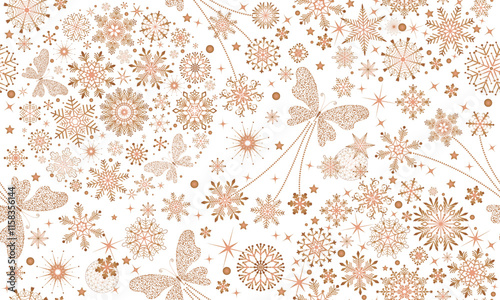 Vector seamless Christmas and New-Year hand drawn pattern with rose golden gradient snowflakes and dotted butterflies and stars on a transparent background