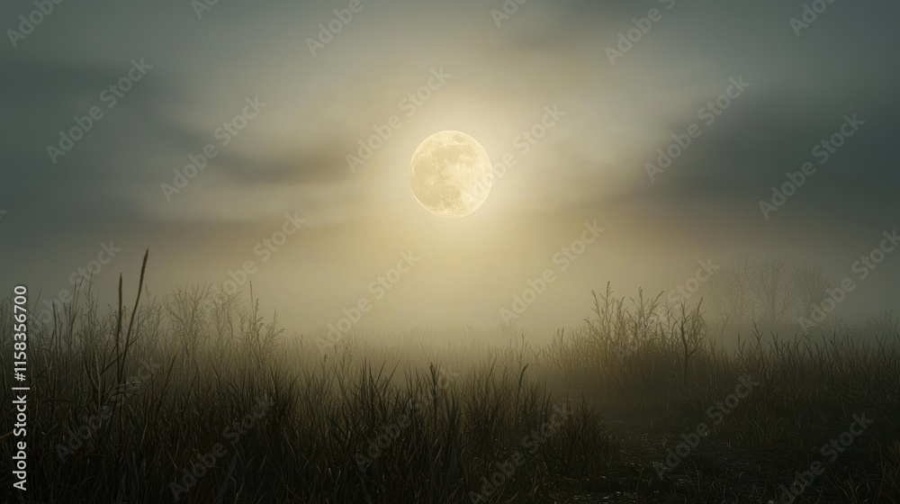 Fototapeta premium A serene moonlit landscape shrouded in fog, creating a mystical atmosphere.
