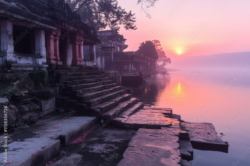 Naklejka premium A serene riverbank at sunrise where people gather to perform rituals and offer prayers during Makar Sankranti, symbolizing gratitude and the renewal of life.