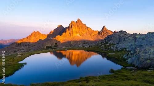 Stunning Sunrise Reflecting on Majestic Mountain Peaks in Alpine Lake - Wide Shot Photo. AI Generated