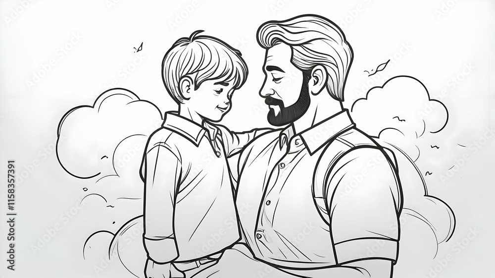 Fototapeta premium Fathers day line art style vector illustration, father and son line art illustration