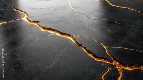 Cracked black surface, golden light. photo