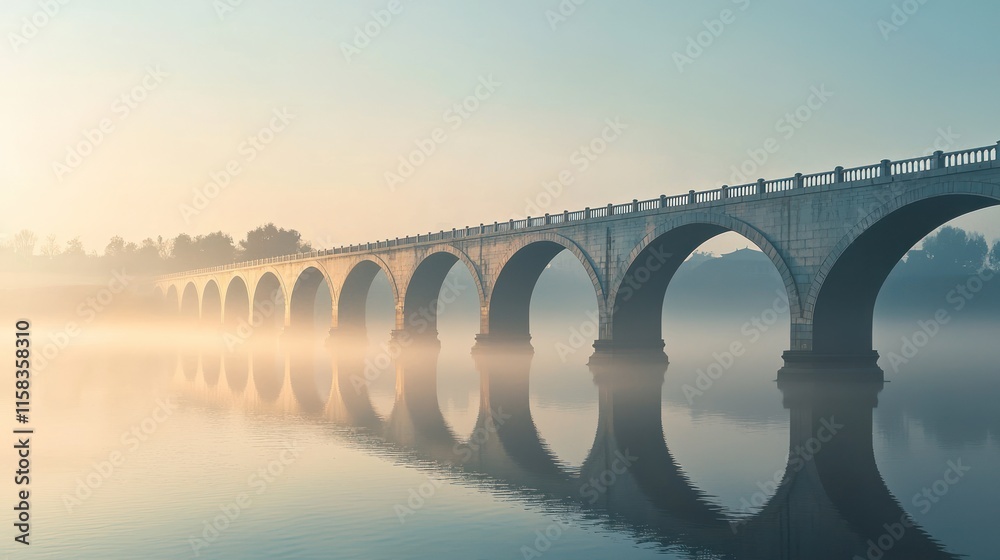 Fototapeta premium A serene bridge arches over misty waters, reflecting tranquility in the early morning light.