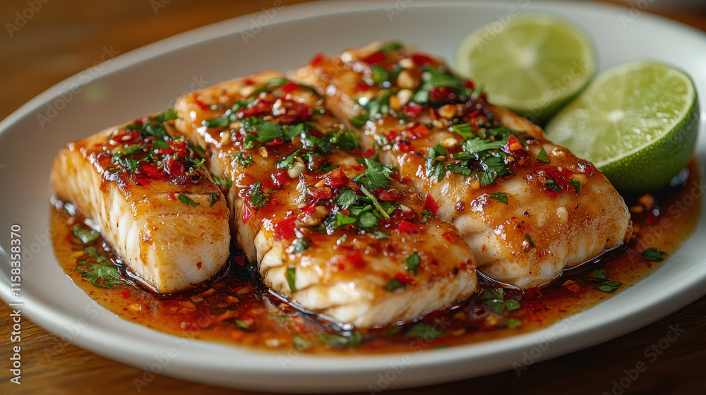 Grilled Fish Fillets, Lime, Parsley, Chili Peppers on Rustic Background for Food Photography Grilled Fish Fillets, Lime, Parsley, Chili Peppers on Rustic Background for Food Photography
