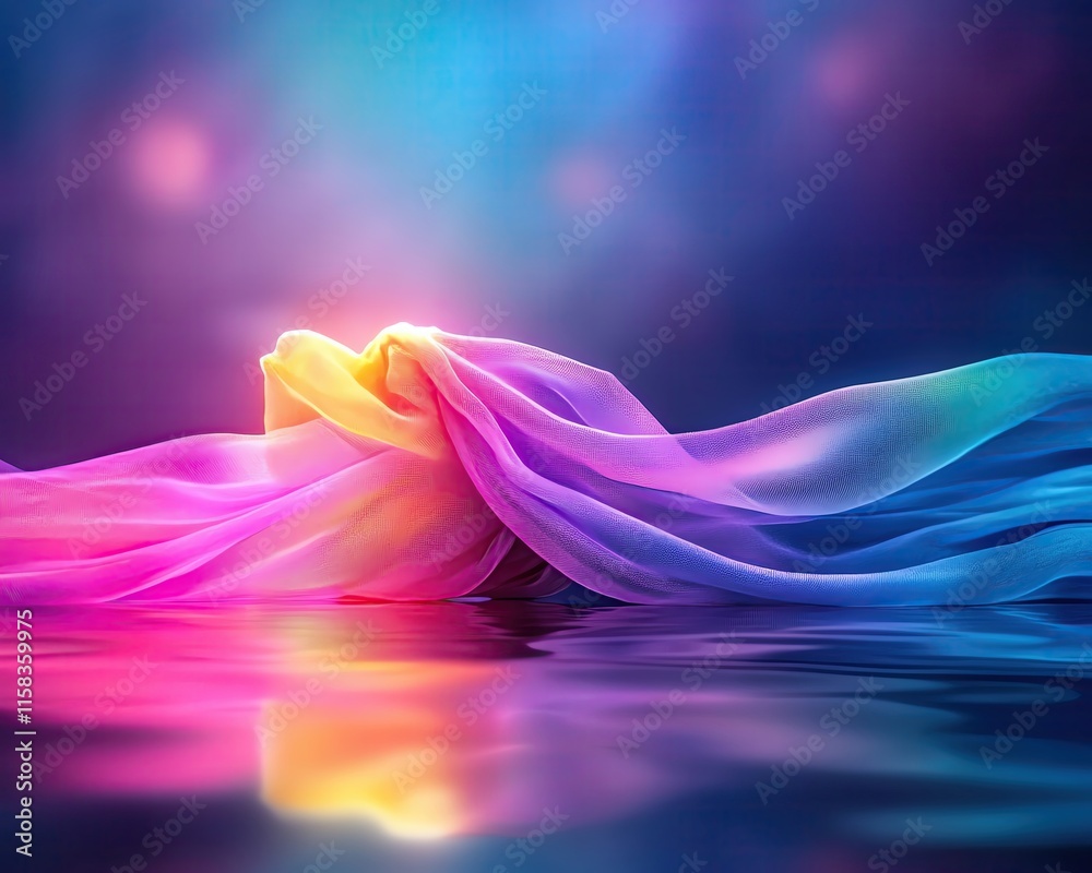 Obraz premium Colorful fabric flowing on tranquil water surface.