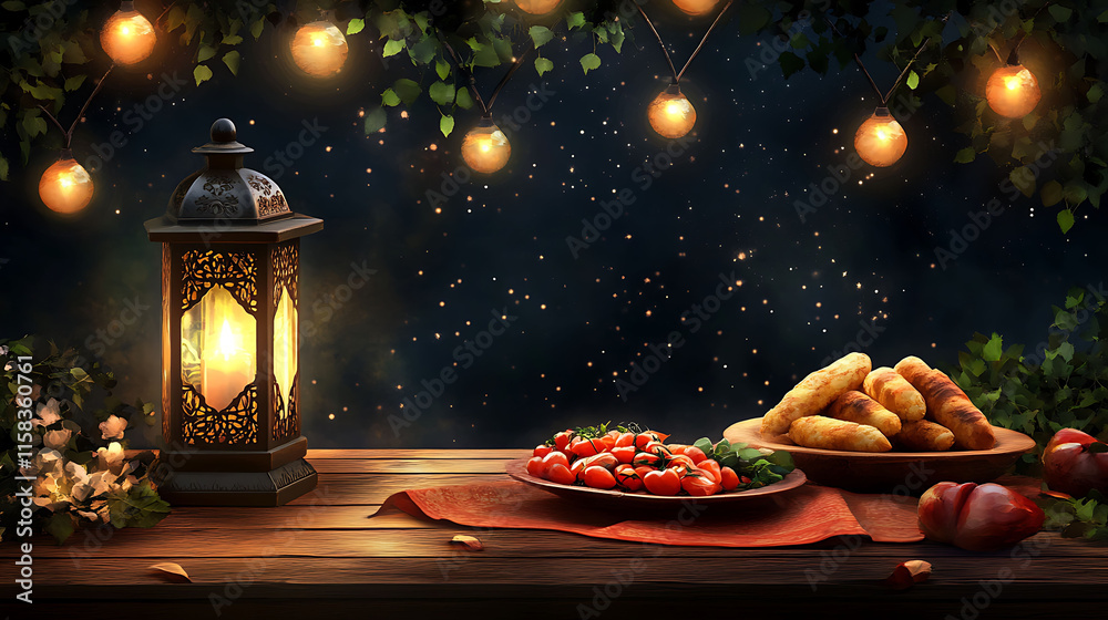 Obraz premium Beautiful Ramadan Iftar Setup with Lantern and Dates