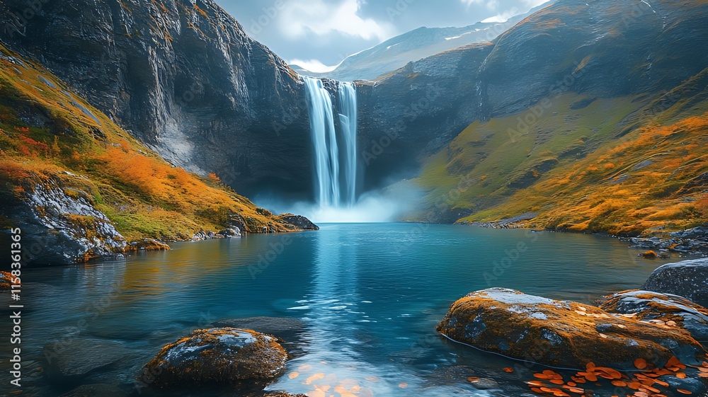 Majestic waterfall cascading into serene mountain lake, autumn foliage. Majestic waterfall cascading into serene mountain lake, autumn foliage.