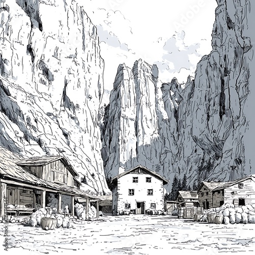 Wallpaper Mural Sketch of a Mountain Village nestled between towering rock faces. Torontodigital.ca