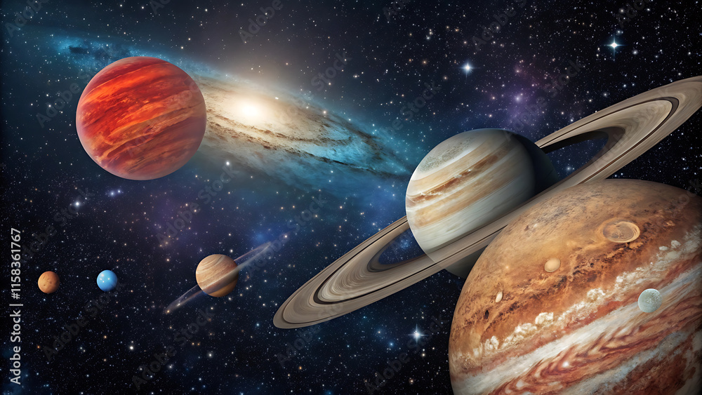 Fototapeta premium Vibrant close-up of diverse planets and galaxies in the cosmic universe.