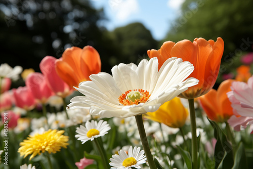 A vibrant garden full of colorful tulips and daisies as a family enjoys a sunny picnic, celebrating the arrival of spring in full bloom. photo