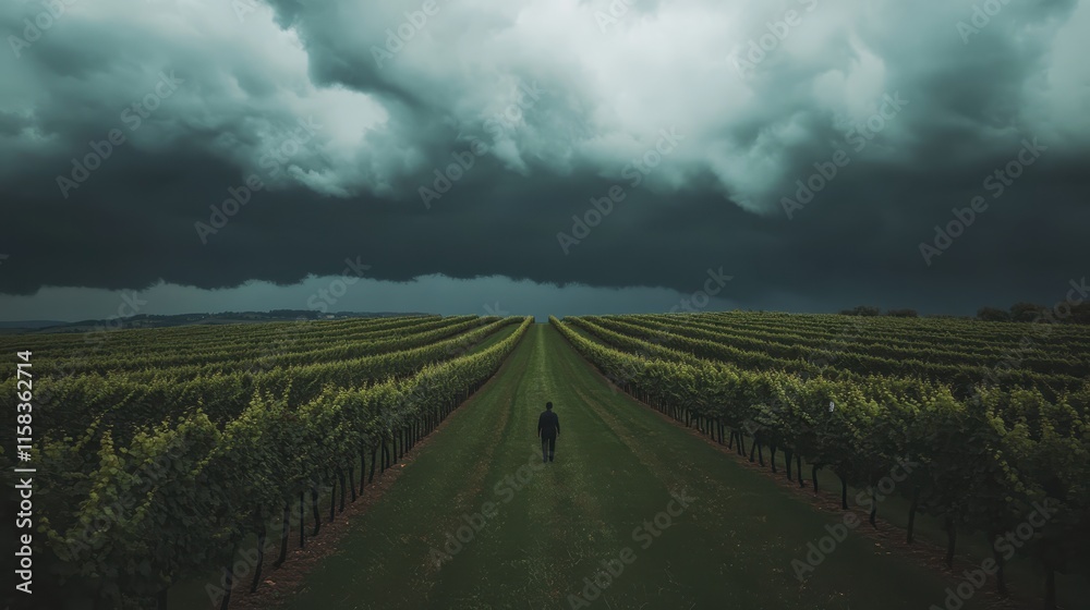 Fototapeta premium A man walks through a field of grape vines