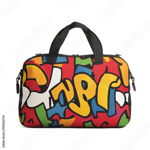 a graffitistyle gym bag, sporty accessory, urban street art motifs with vibrant lettering, durable fabric, isolated on white background photo