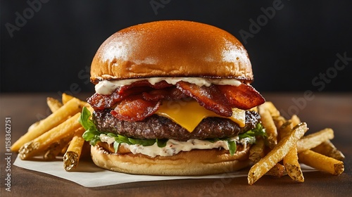 Close-up Photo: Juicy Bacon Cheeseburger with Crispy Fries, Appetisingly Plated on Dark Wood. AI Generated photo