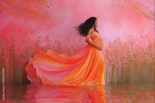 Glowing mother-to-be in vibrant gown enjoying serenity in a flower-filled landscape