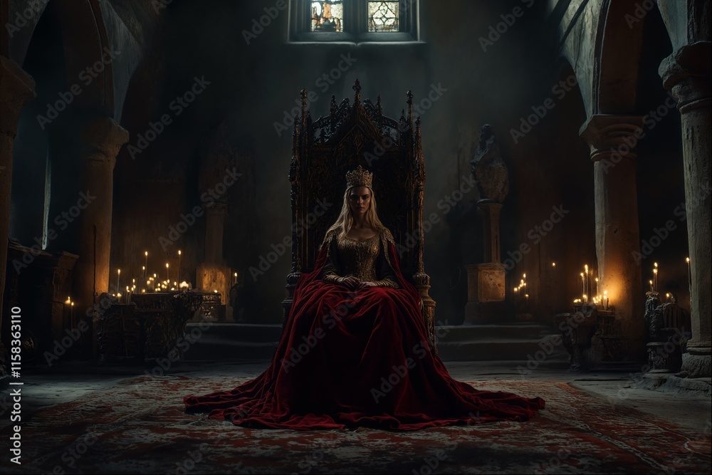 Majestic queen seated on throne in dimly lit medieval hall with candles flickering Majestic queen seated on throne in dimly lit medieval hall with candles flickering