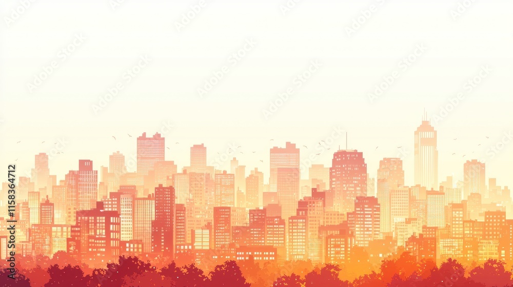 Fototapeta premium Vibrant Urban Skyline at Sunset with Colorful Gradients and Silhouettes of Skyscrapers Against a Bright Sky, Ideal for Artistic and Nature-Inspired Designs