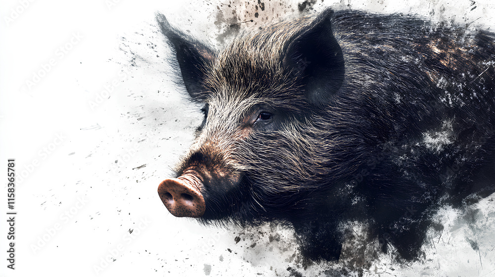 wild boar close-up stock image, isolated on a white background, wild boar 