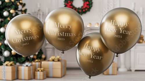 3D realistic gold foil balloons featuring Merry Christmas and Happy New Year 2025, rendered in a festive greeting card style with vector illustration details.

