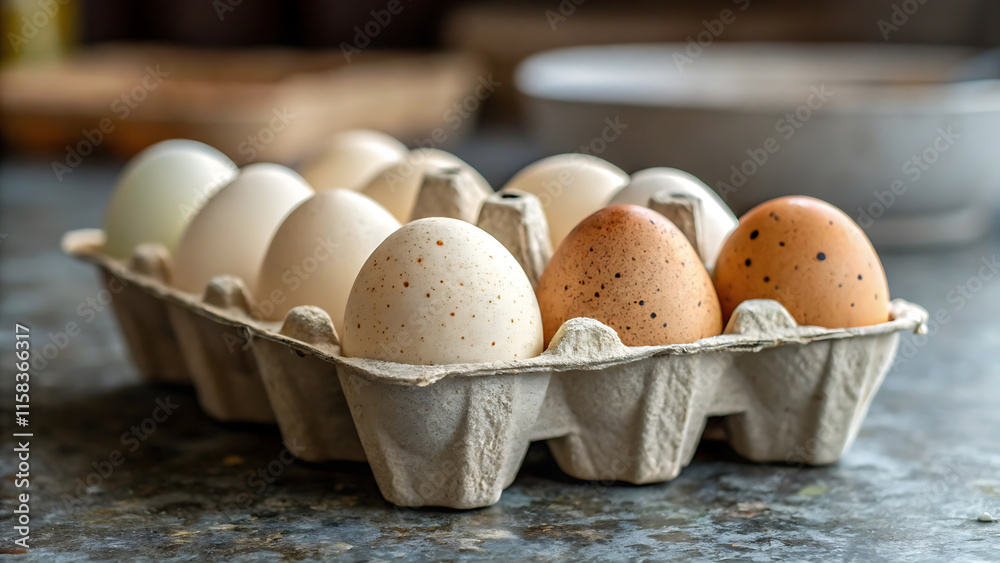 Variety of chicken eggs in small carton on rustic kitchen table. Variety of chicken eggs in small carton on rustic kitchen table.