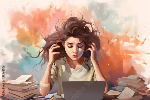 illustration of portraits of stressed woman (generative AI)