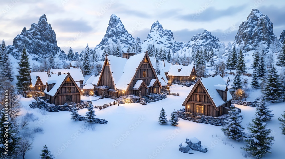 Majestically Situated Winter Village: A Breathtaking 3D Render in a Realistic Style. AI Generated