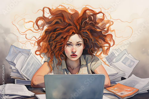 illustration of portraits of stressed woman (generative AI)