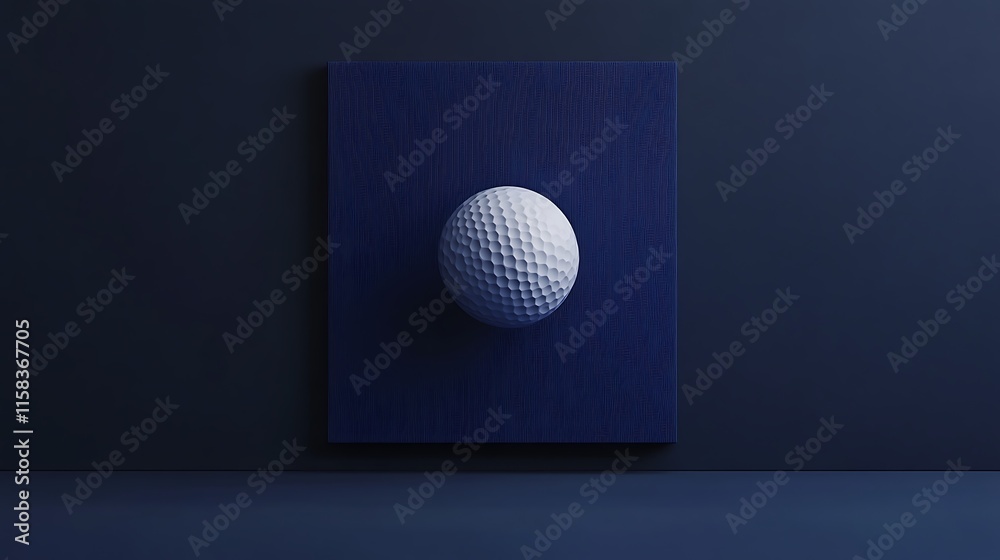 Floating golf ball showcased on a minimalist dark blue canvas