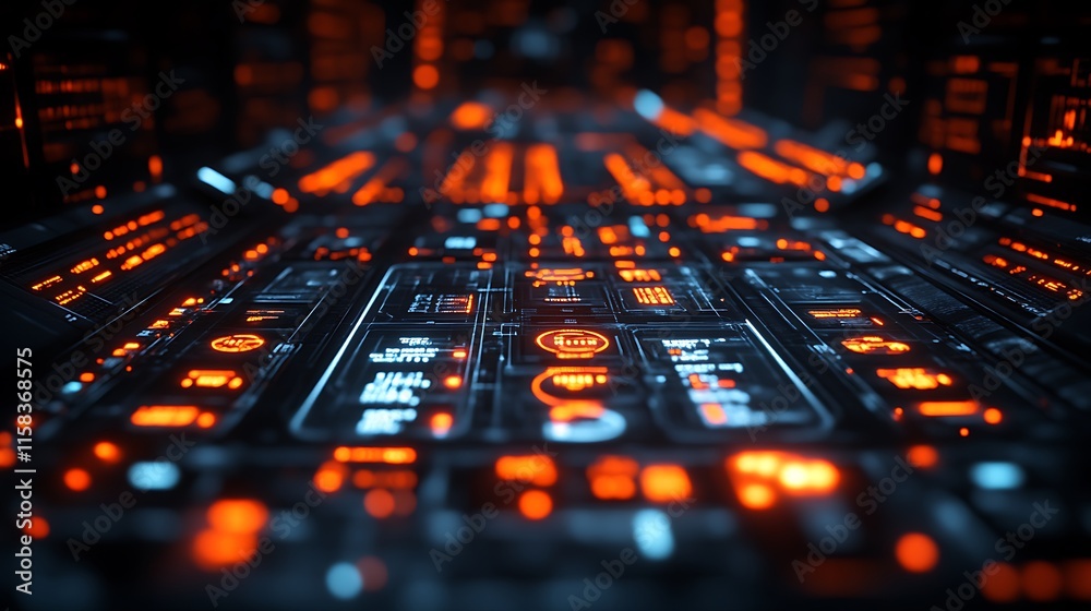 Obraz premium Futuristic digital interface with glowing orange and blue elements.