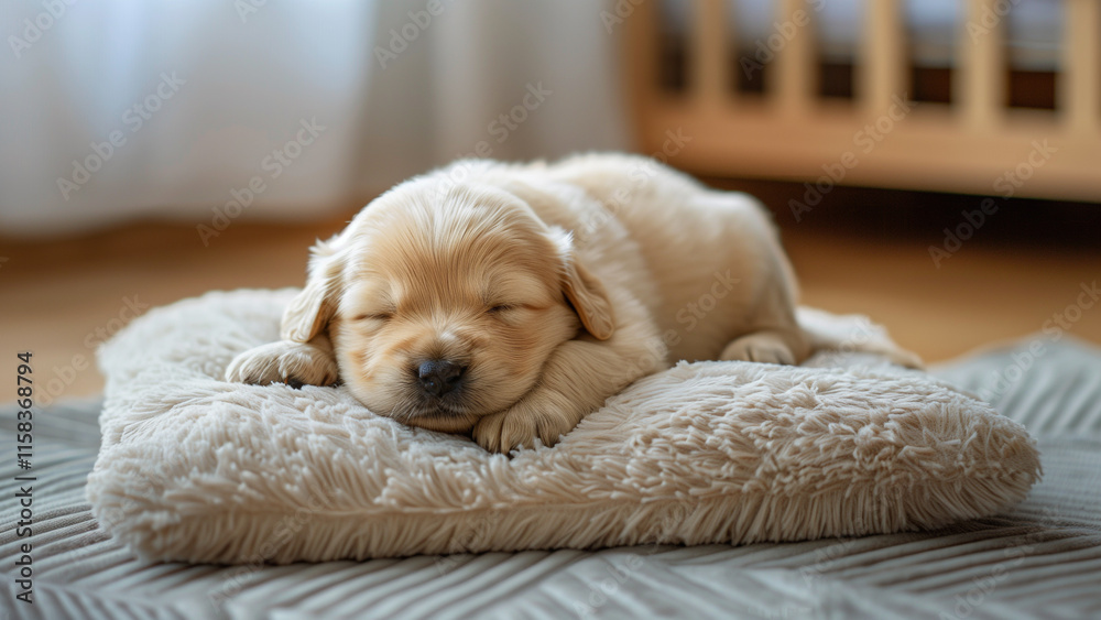 golden retriever puppy, curled up and fast asleep on cozy pillow golden retriever puppy, curled up and fast asleep on cozy pillow