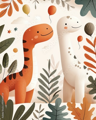 Wallpaper Mural Cute Cartoon Dinosaurs with Balloons Surrounded by Colorful Leaves and Nature Elements Torontodigital.ca