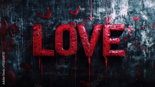 Bloody LOVE text on grunge wall.