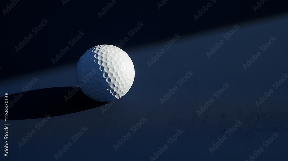 Premium golf ball highlighted on a smooth dark blue surface with shadows Premium golf ball highlighted on a smooth dark blue surface with shadows