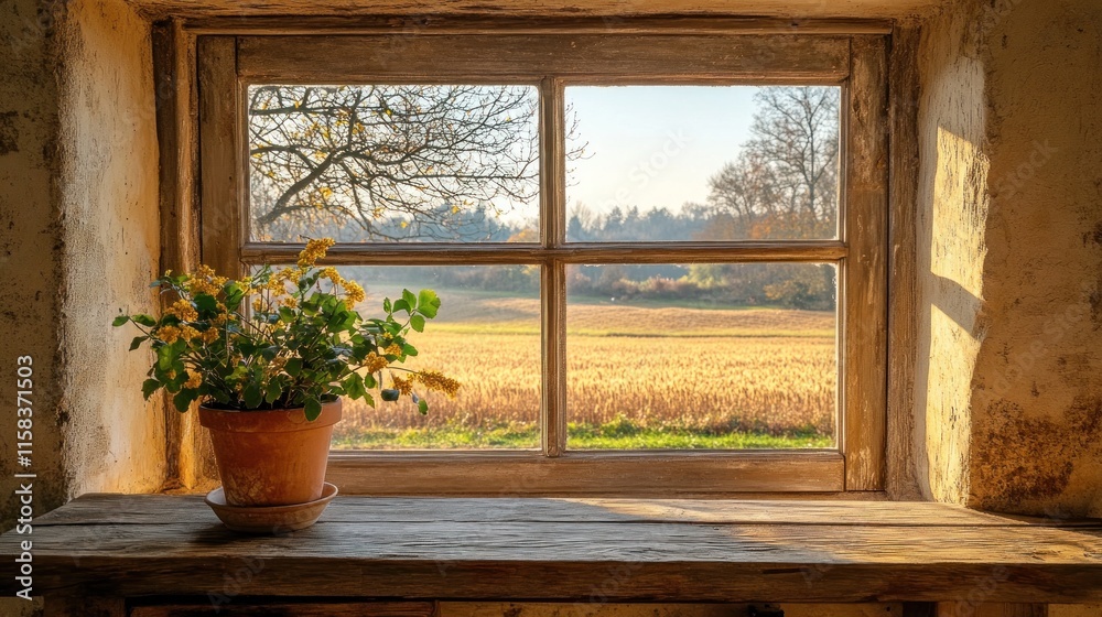 Rustic windowsill with potted plant, showcasing autumnal countryside view. Rustic windowsill with potted plant, showcasing autumnal countryside view.