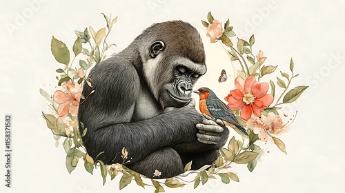 Gentle Gorilla and Robin: Watercolor Wildlife Illustration AI Generated photo